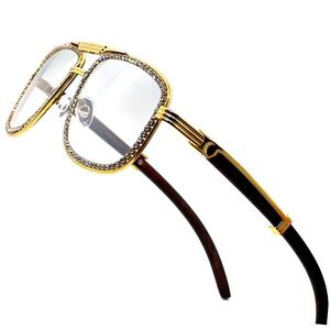 Rhinestone Sunglasses Gold Frame Wood Arms Hip Hop Fashion Men Bling Street Wear